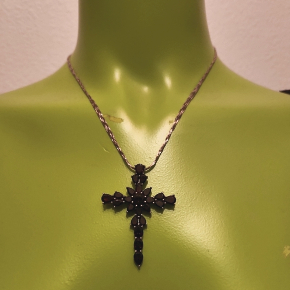 Sterling Silver Garnet Cross Pendant With sterling silver chain (3 strains)